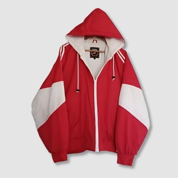 Vintage Rennoc Classic Hooded Jacket Windbreaker Quilted Inner Red/White W 2XL - Picture 2 of 14